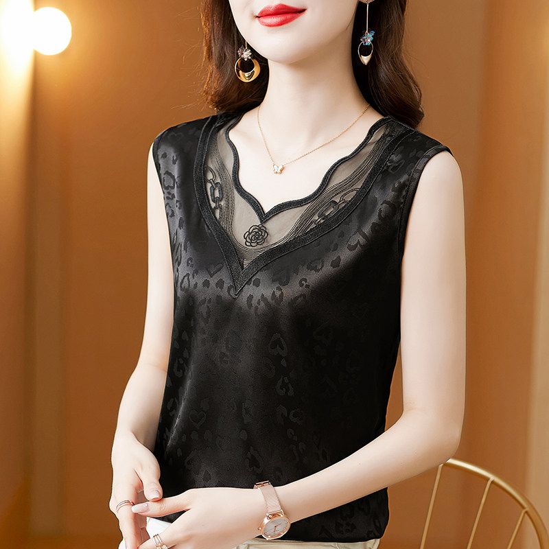 真丝吊带背心女夏外穿高档丝绸缎面无袖小衫西装内搭蕾丝v领上衣
