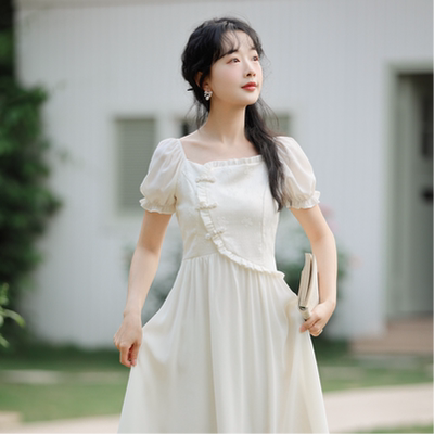 新中式国风盘扣连衣裙女夏季新款法式温柔风高级感小个子长裙白色