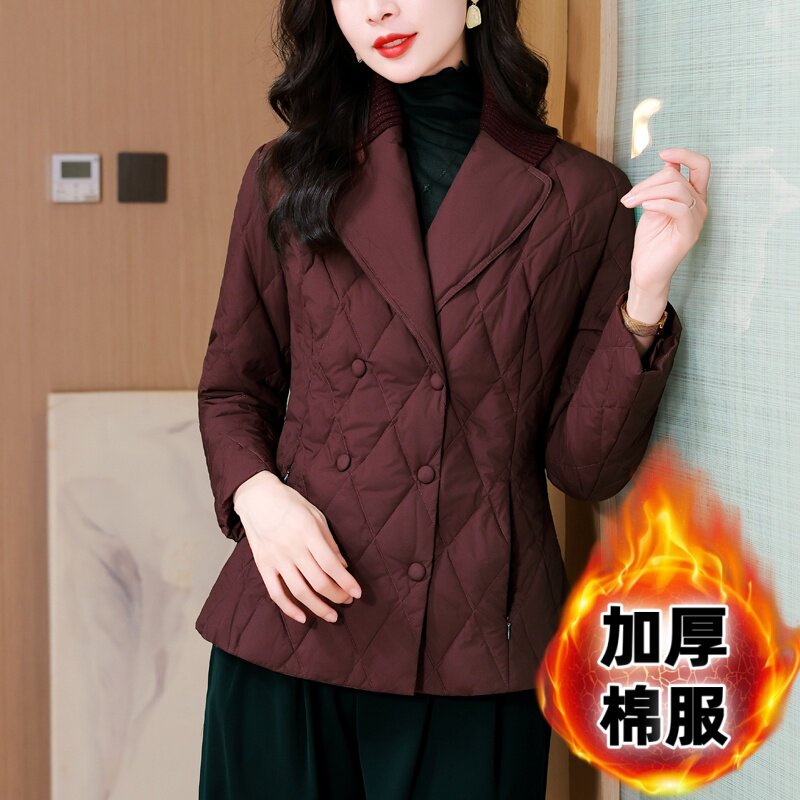 加绒羽绒棉服女短款外套针织拼接西装领设计感职业显瘦棉服冬季女
