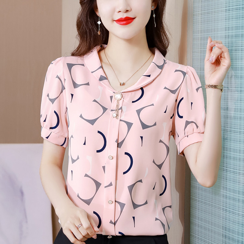 2026夏季新款衬衣短袖套头衬衫夏季印花纽扣装饰甜美气质上衣女