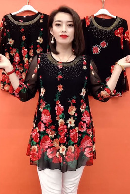 七分袖烫钻雪纺淑女风中长款印花