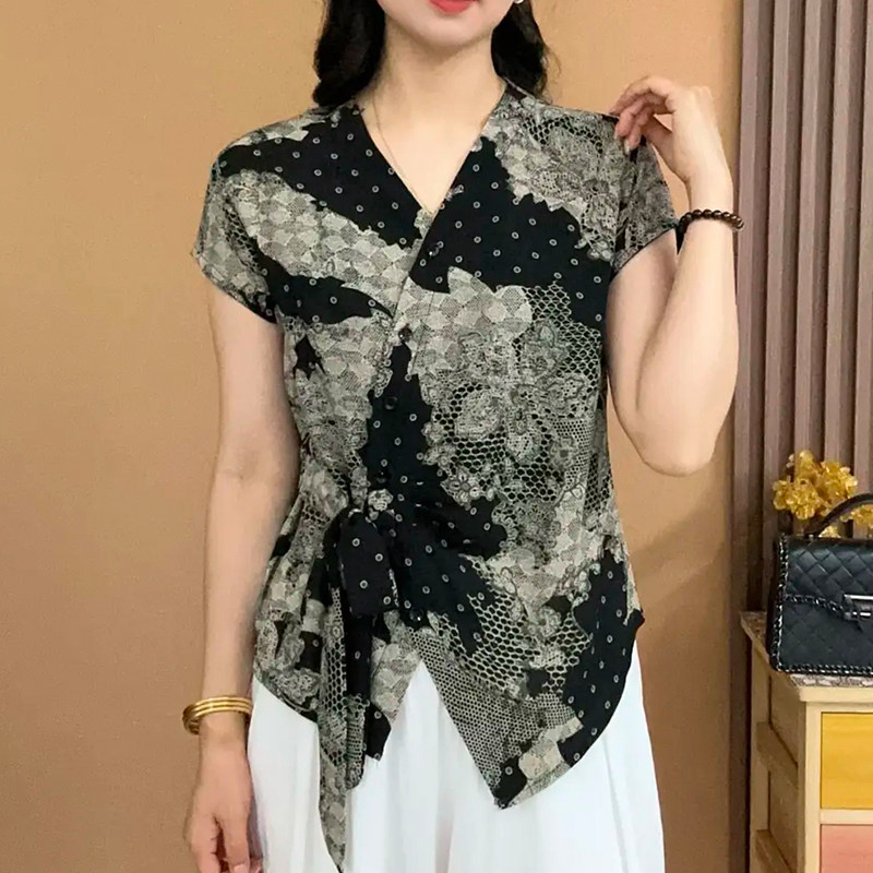 2025年夏装新款爆款双皱印花衬衫修身显瘦遮肚上衣妈妈时尚衬衣女