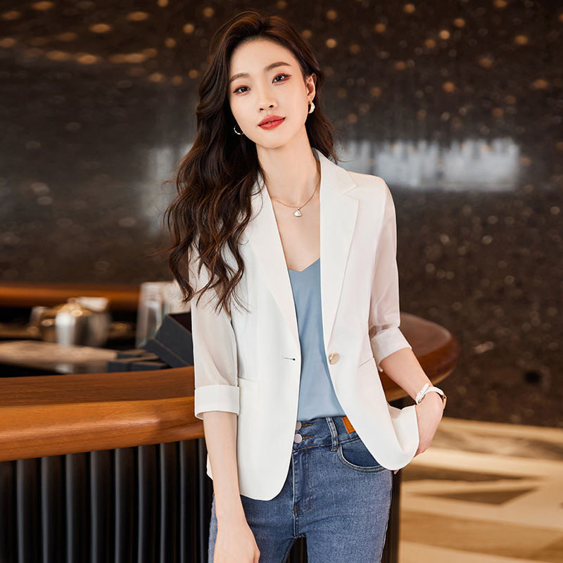 白色雪纺七分袖西装外套女夏薄款2026新款大码小个子高级感西服