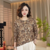 双层肌肤网纱上衣高级感显瘦打底小衫 高端印花t恤 女春秋宽松新款