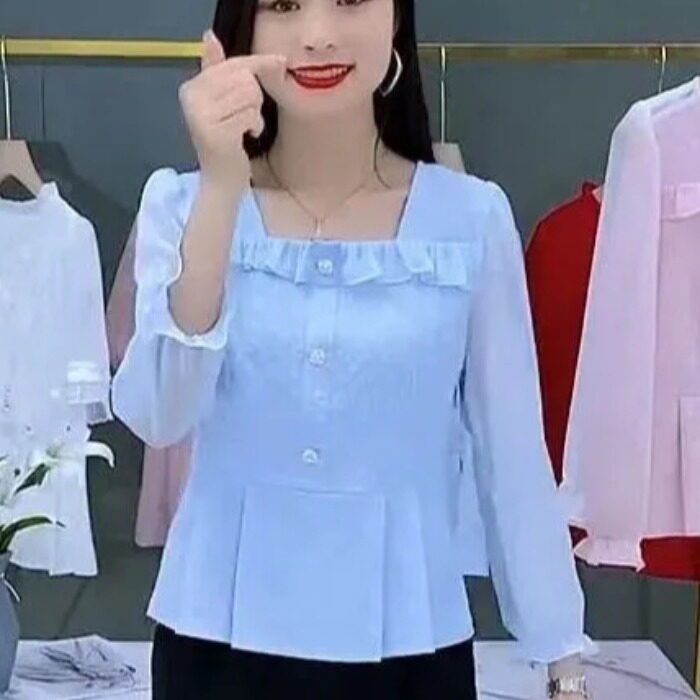 设计感提花雪纺衫女长袖春秋新款拼接花边小衫洋气收腰裙摆上衣潮
