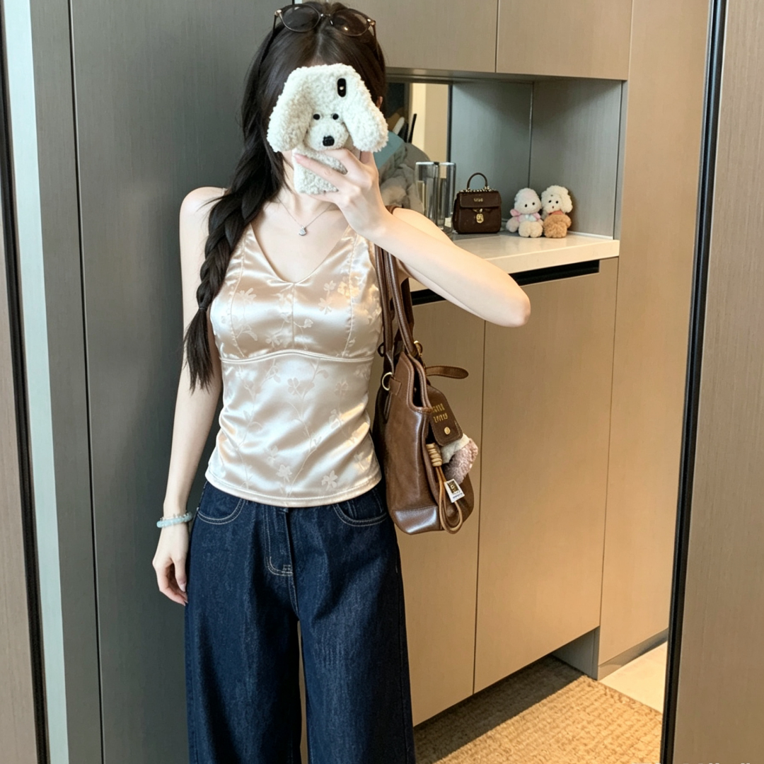 百搭大码微胖国风印花高级感薄绒背心秋冬旗袍修身内搭吊带打底衫