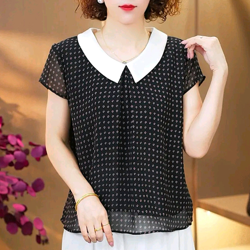 乔其纱2026年夏装新款拼接短袖时尚显瘦藏肉气质妈妈宽松遮肚上衣