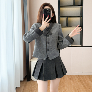 2025新款秋冬季高级感小香风交叉领短外套短裙两件套洋气套装女