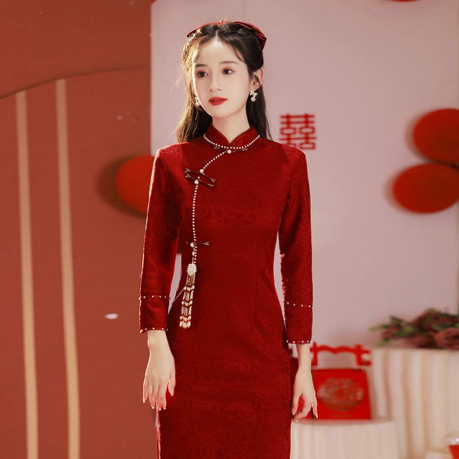 2026新款红色旗袍敬酒服年秋冬季酒红色结婚中式改良订婚礼服女