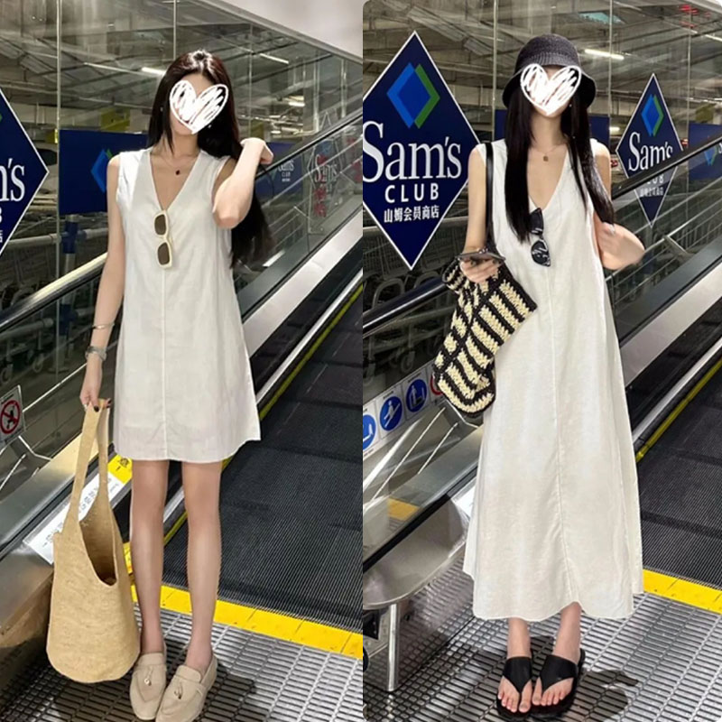 气质高雅艺术白色宽松连衣裙女夏日清爽简约V领长裙遛弯度假背心