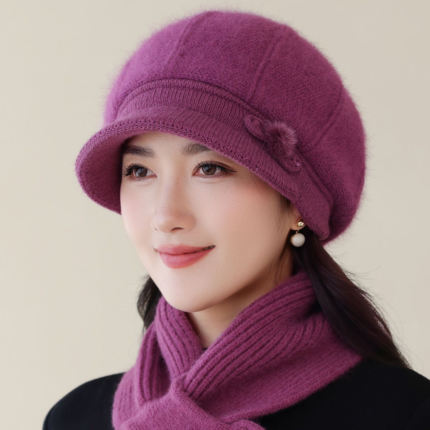 中老年秋冬天保暖针织毛线帽兔毛帽妈妈奶奶套头帽骑车头套围巾帽