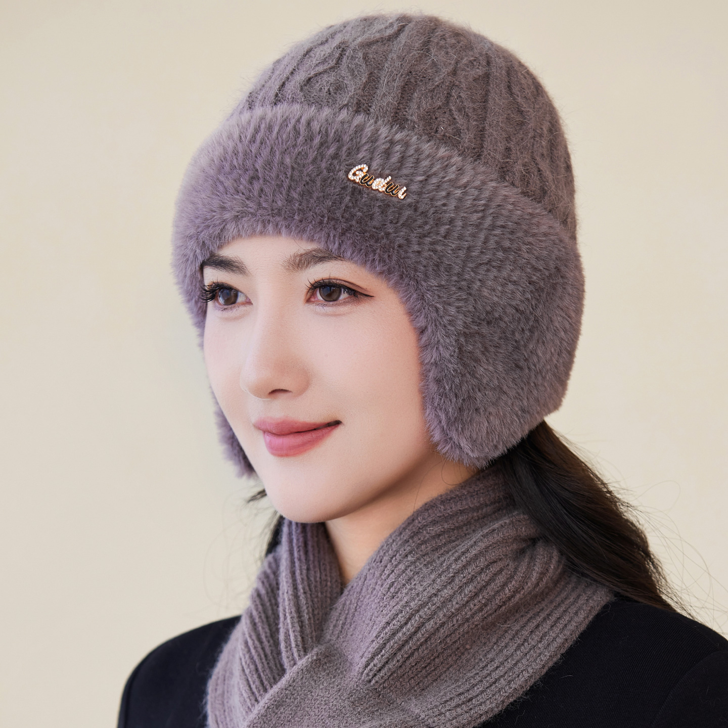 护耳朵中老年人帽子女秋冬季兔毛线针织保暖妈妈加绒老太太套头帽