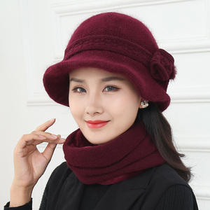 冬季中老年帽子女兔毛针织毛线帽老人帽子保暖妈妈盆帽奶奶围巾