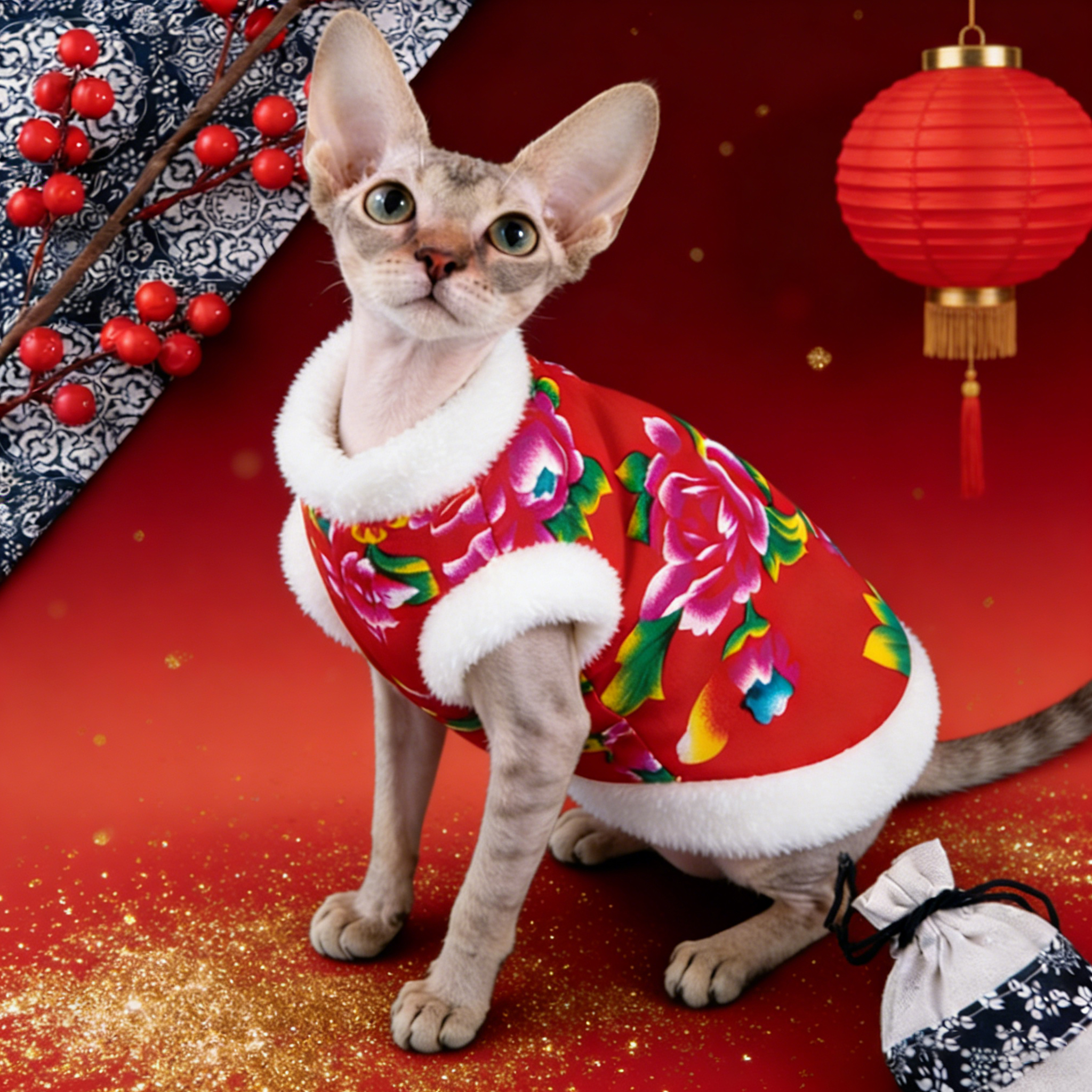 2025新款德文猫咪衣服东北花棉袄小猫喜庆冬季过年保暖过冬新年