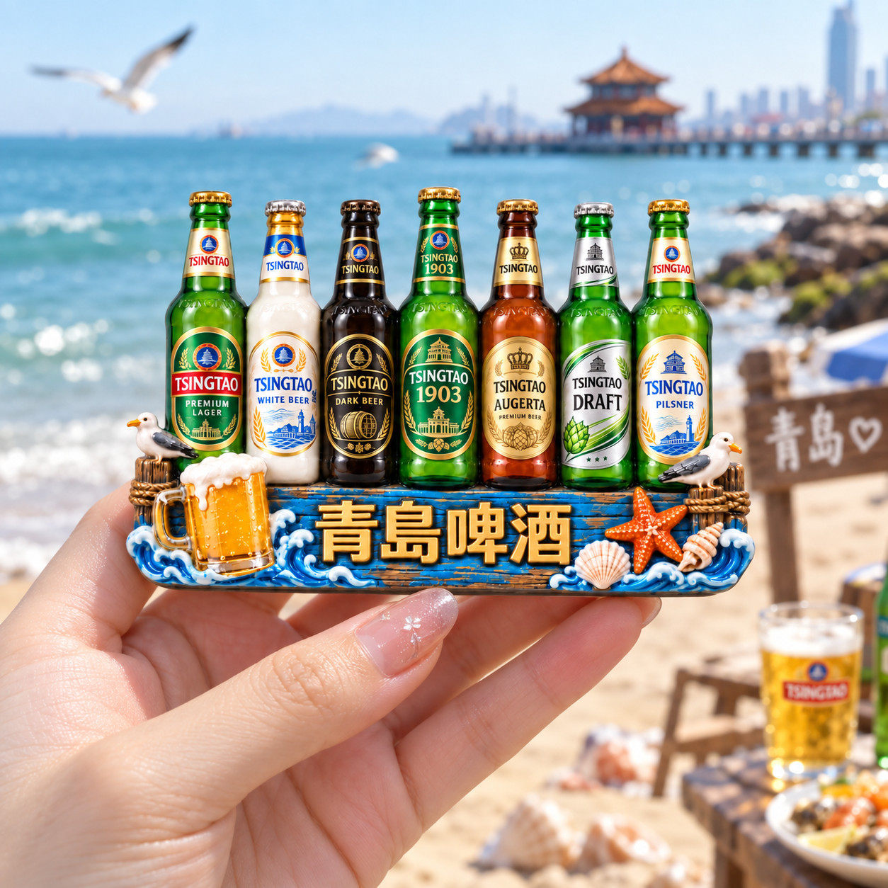青岛啤酒冰箱贴立体树脂浮雕仿真酒瓶山东旅游纪念品磁吸贴批发