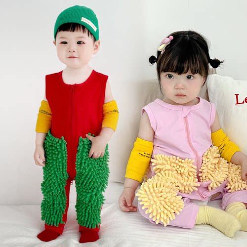 宝宝拖地爬爬服婴儿拖把侠爬行服擦地防脏连体春秋夏天薄款短袖