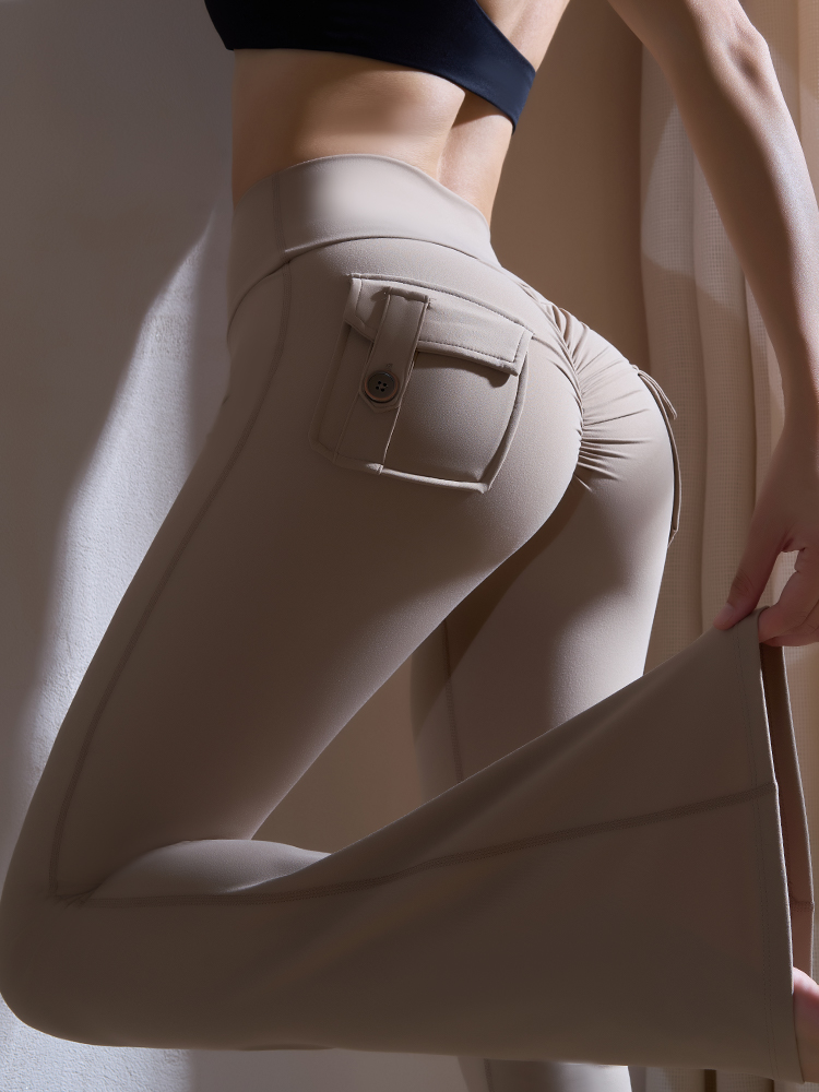 Pocket pants Micro-Flared Wide-Leg Yoga Pants Quick-Drying Sports Pants high waist Peach Hip Lifting Fitness Running Pants