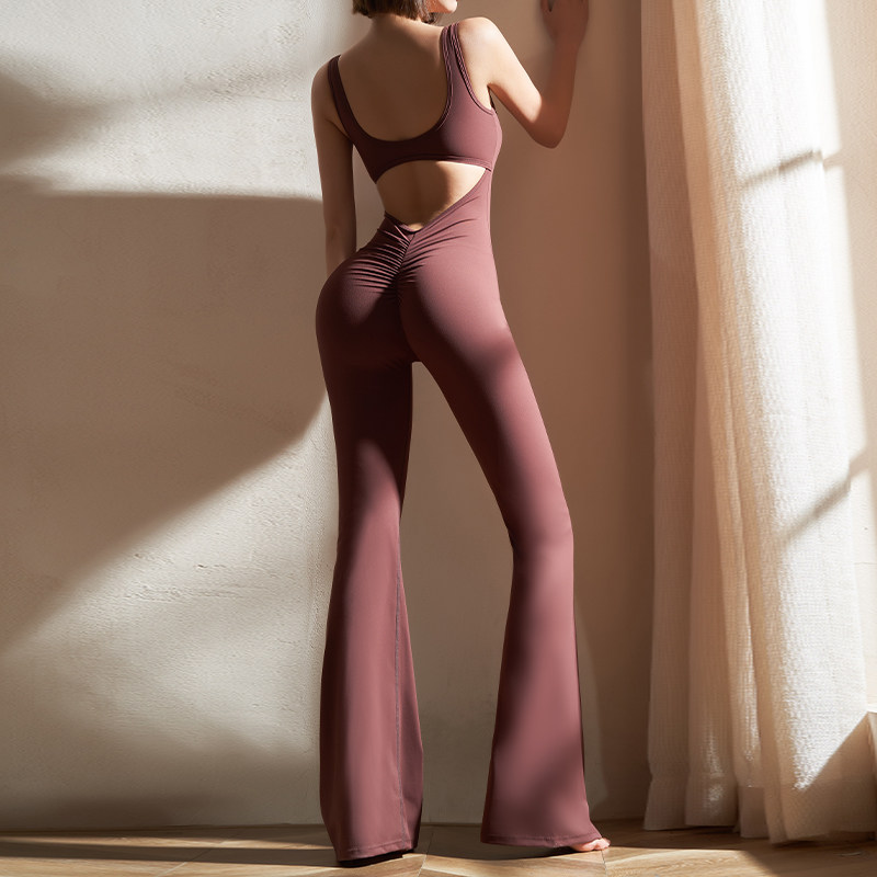 yoyomeat欧美镂空美背微喇叭瑜伽服连体衣速干蜜桃提臀运动健身裤