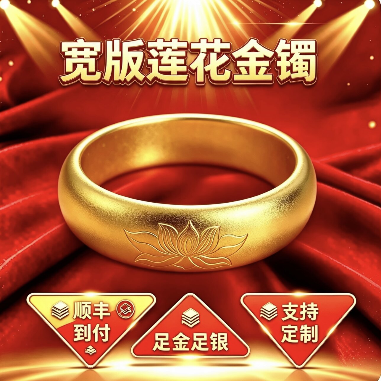 金包银莲花宽版手镯古法传承手链手串送女友妈妈情人节日定制礼物