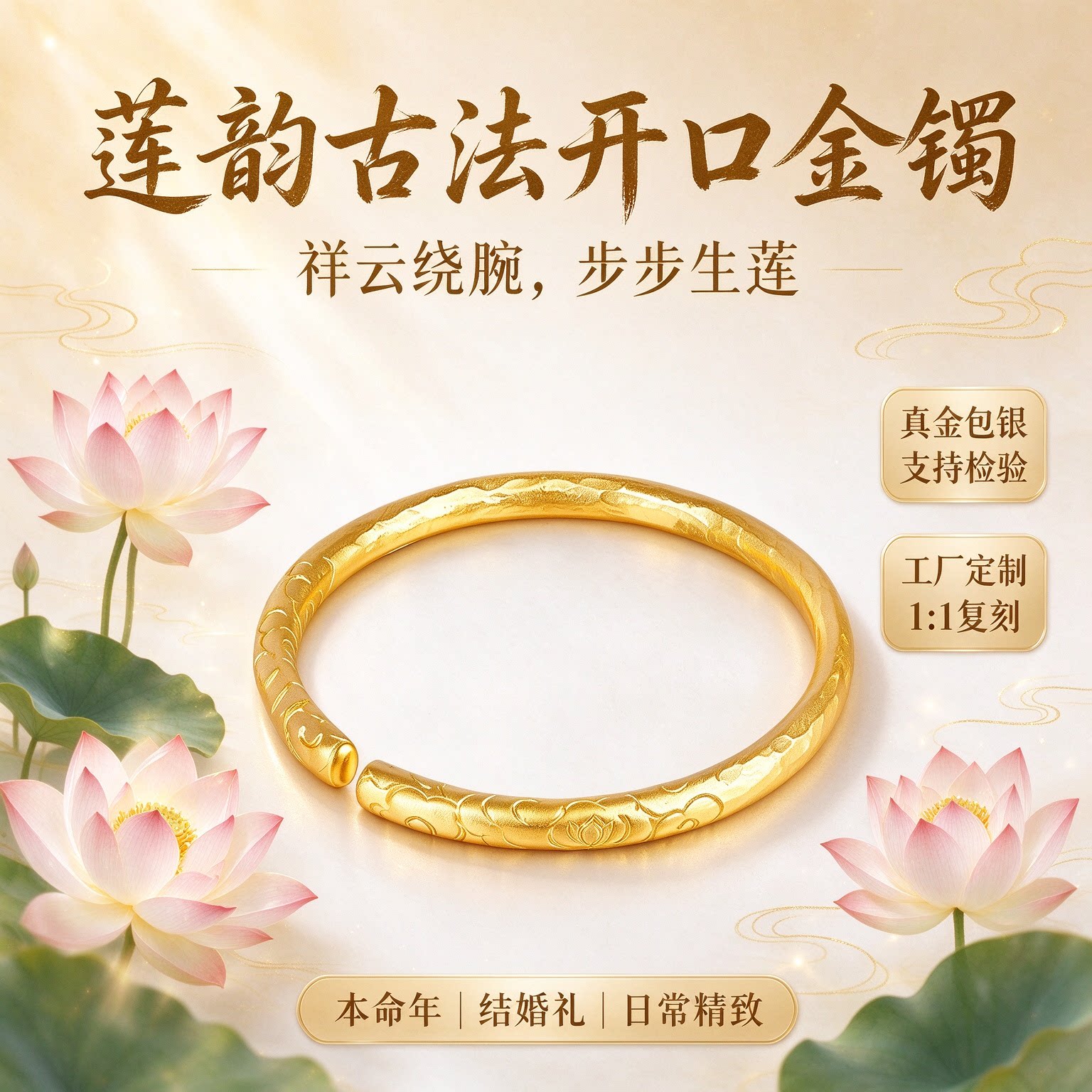 古法莲韵开口手镯婚嫁本命年