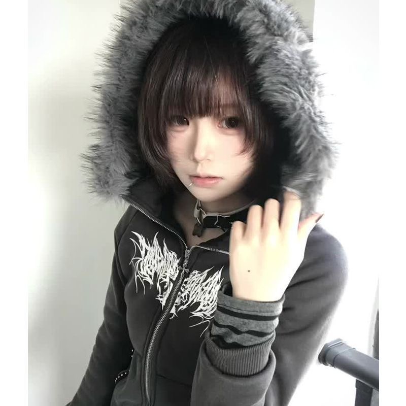 日系复古轻亚风vtg修身立领厚实卫衣大毛领短外套女秋冬新款上衣