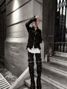 自主暗黑先锋视觉系十字架糜烂14流苏做旧山羊皮衣夹克vintage