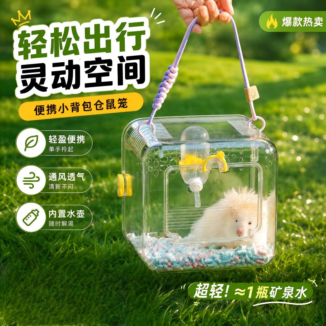 金丝熊便携可手提自由出行外带笼美观全景透明通风轻巧仓鼠旅行用