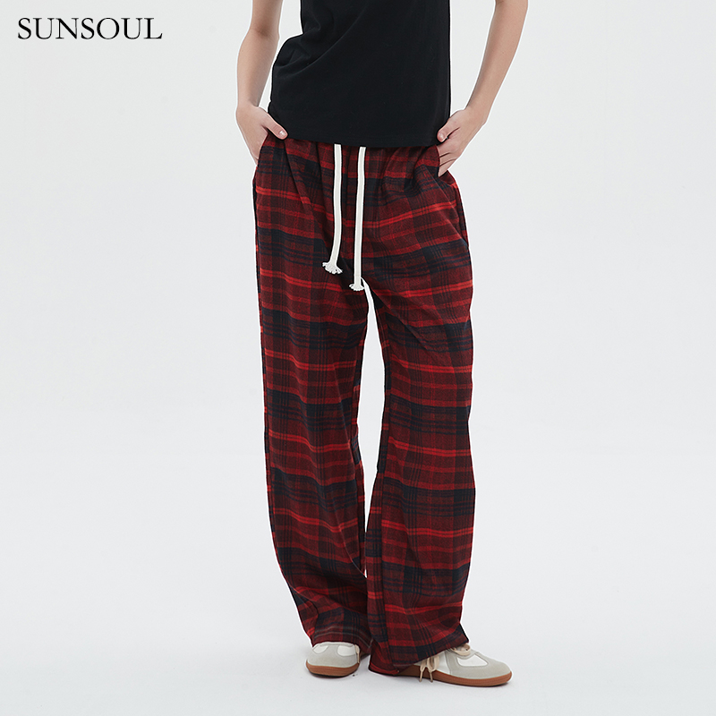 红色格子裤子轻奢男女款美式宽松直筒拖地裤百搭高端阔腿裤休闲裤
