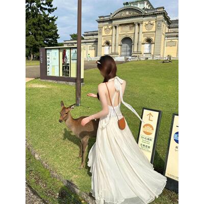 法式超火挂脖吊带连衣裙