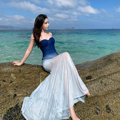 法式蓝色渐层抹胸洋装长