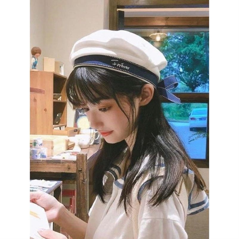 日系jk制服帽女夏季贝雷帽薄款白色海军帽水手帽黑色dk学院风帽子