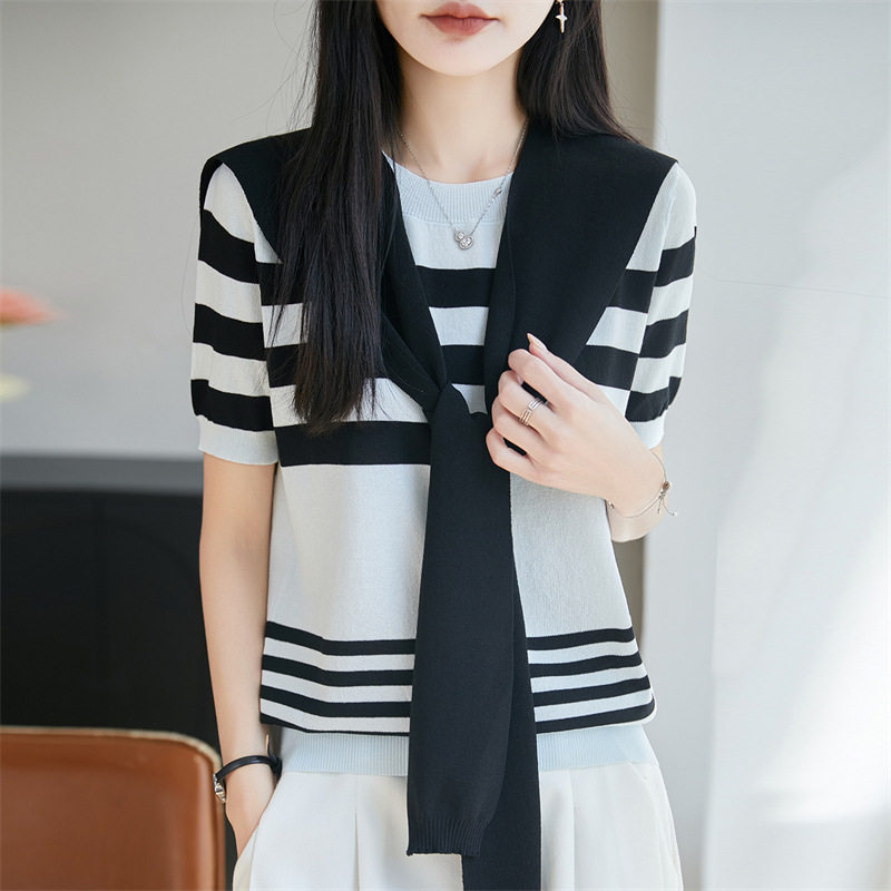 学院分条纹针织短袖女夏季2026新款设计感小众披肩领减龄显瘦上衣