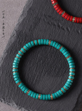 绿松石手串男女款直切药片文玩礼物叠搭情侣手链银钻镶嵌饰品