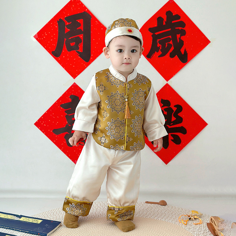 日常可穿宝宝周岁礼服男童金色新中式唐装一周岁抓周服套装春秋季