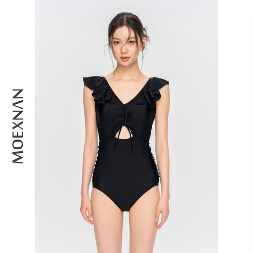 黑色连体美背小胸显瘦遮肚泳衣女