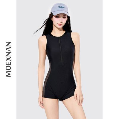 韩国新款性感连体平角泳衣女黑色防晒保守遮肚显瘦学生泡温泉泳装