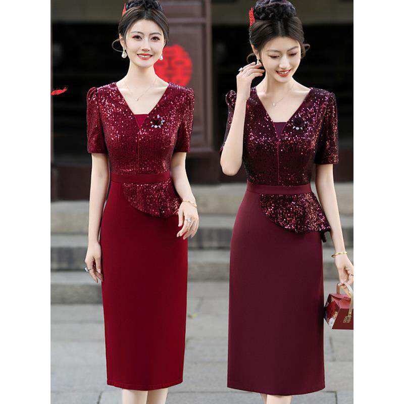 五一喜婆婆婚宴装平时可穿高端喜妈妈礼服夏季假两件红色连衣裙子