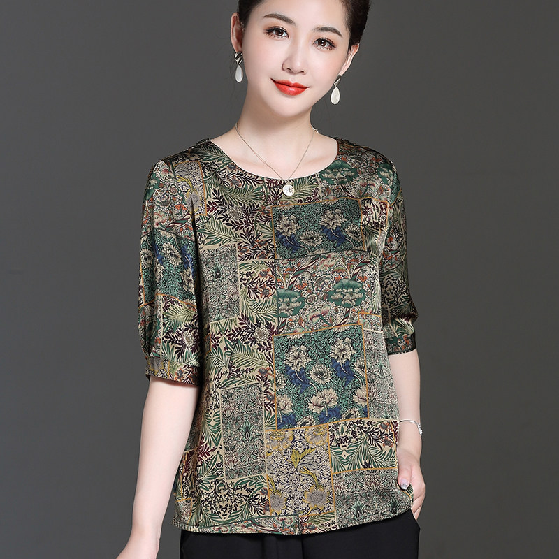 中老年女装妈妈装洋气时尚真丝桑蚕丝上衣女t夏装百搭小衫两件套