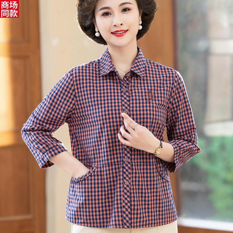中老年纯棉衬衫女妈妈春秋七分袖全棉上衣外套奶奶款短袖格子衬衣