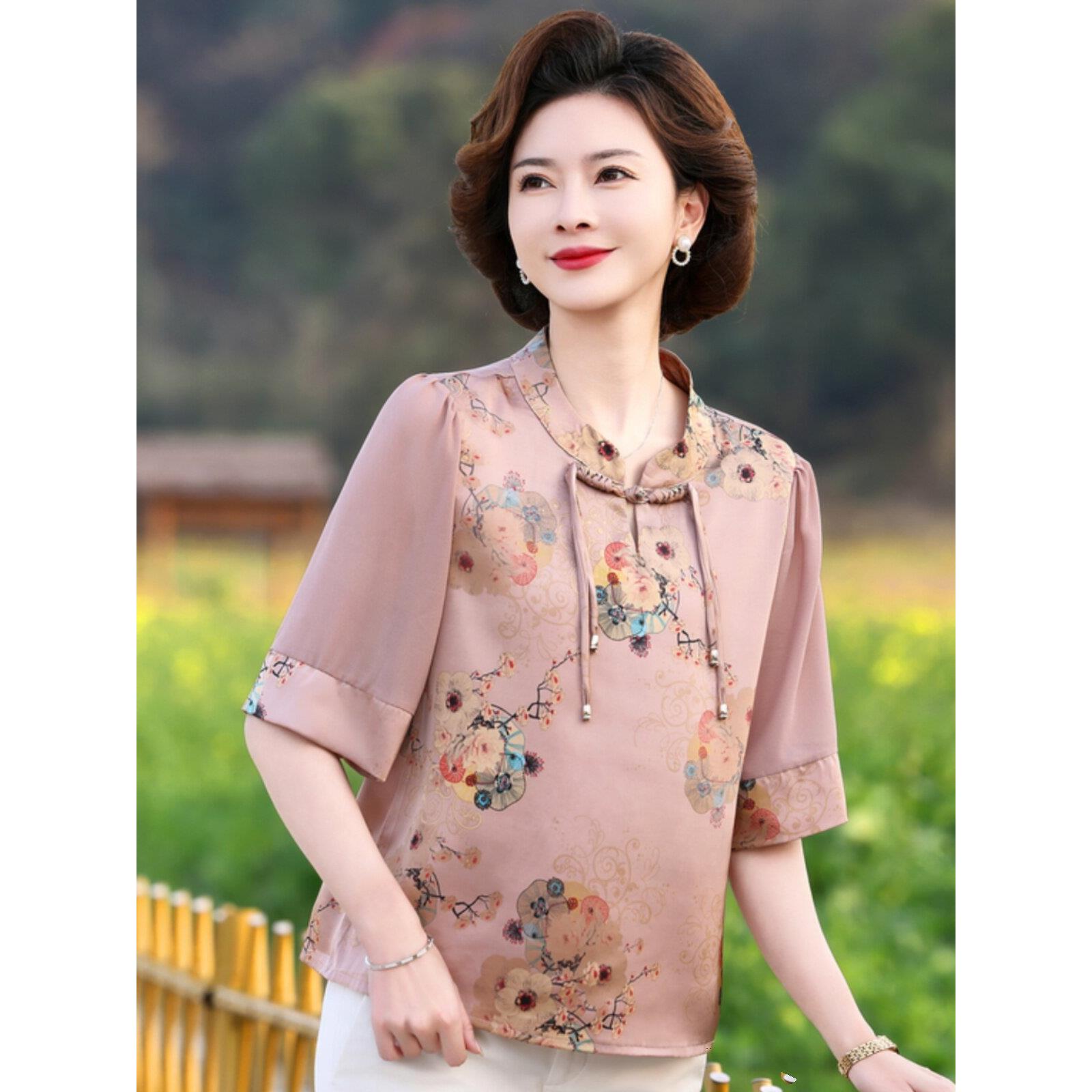 中年女桑蚕丝上衣阔太太洋气套装大码妈妈夏装短袖真丝新款上衣