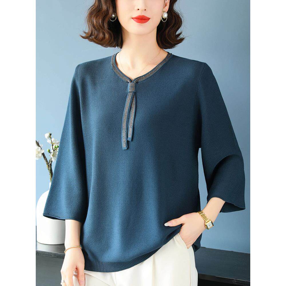 特大码中老年七分袖t恤女上衣春秋妈妈装宽松遮肚休闲蚕丝打底衫