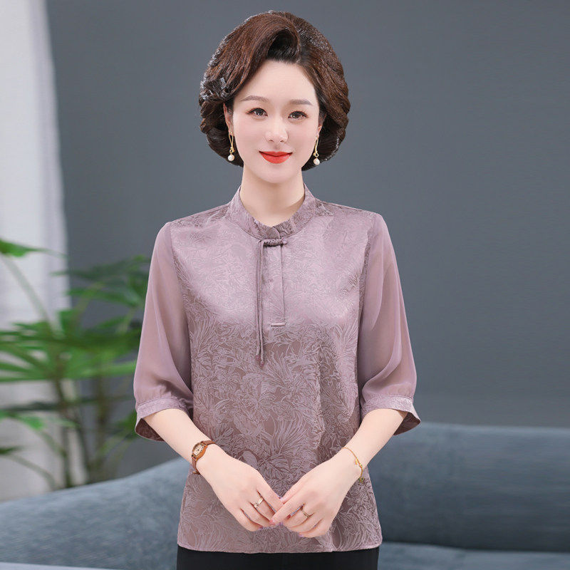 杭州真丝妈妈夏装纱袖上衣50岁60中老年婆婆桑蚕丝半袖衣服套装女
