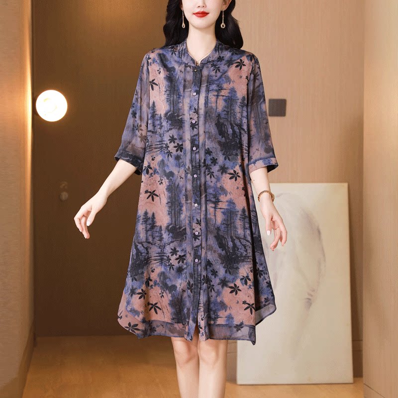 高端大码真丝桑蚕丝连衣裙女夏季中年妈妈宽松遮肉中长款衬衫裙子
