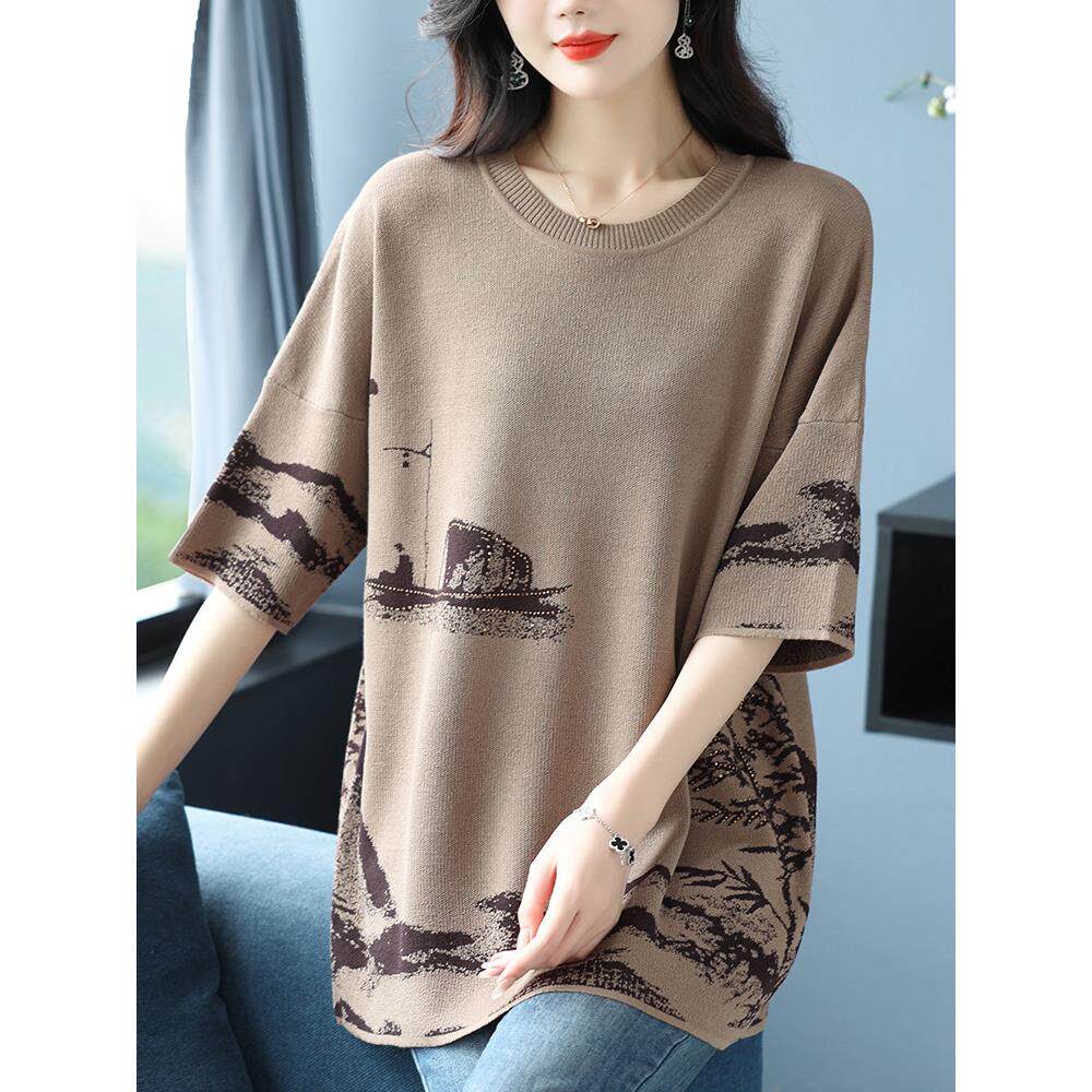 中年妈妈夏装半袖冰丝针织衫T恤女加肥大码宽松遮肚洋气蚕丝上衣