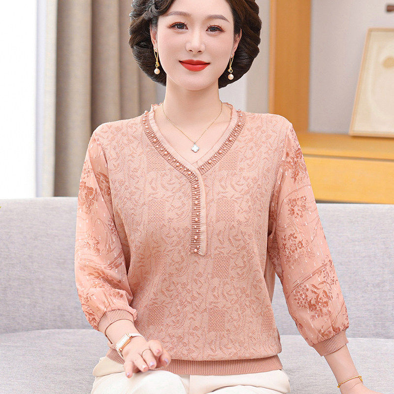 年轻妈妈春夏薄上衣2026新款纱袖T恤中老年女七分袖针织百搭小衫
