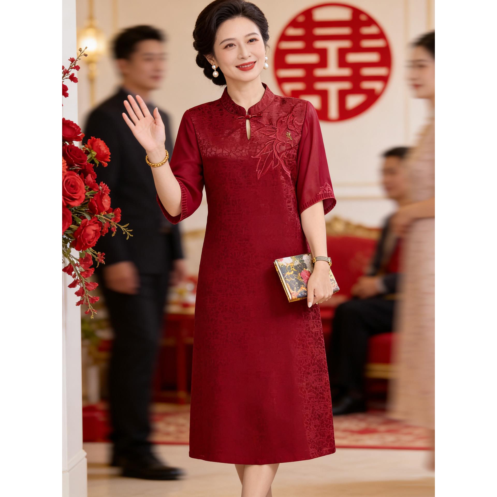 妈妈夏装中式旗袍裙子2026新款结婚喜婆婆婚宴装红色礼服平时可穿