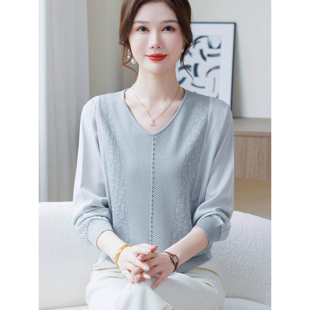 时尚妈妈春装洋气薄款长袖t恤上衣中老年女士春秋新款V领减龄小衫