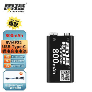 雷摄（LEISE）9V锂电充电电池800mAh(1节装)大容量USB-Type-C快充