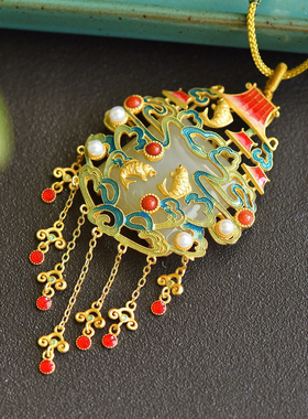 新中式民族风流苏景泰蓝白色石高级个性时尚设计吊坠女款吊坠项链