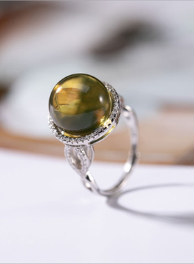 波纹琥珀宝石时尚气质银手饰小众设计气质百搭开口指环戒指女士款